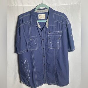 Marc Ecko Cut & Sew Blue Utility Button Up Shirt Mens 2XL Short Sleeve